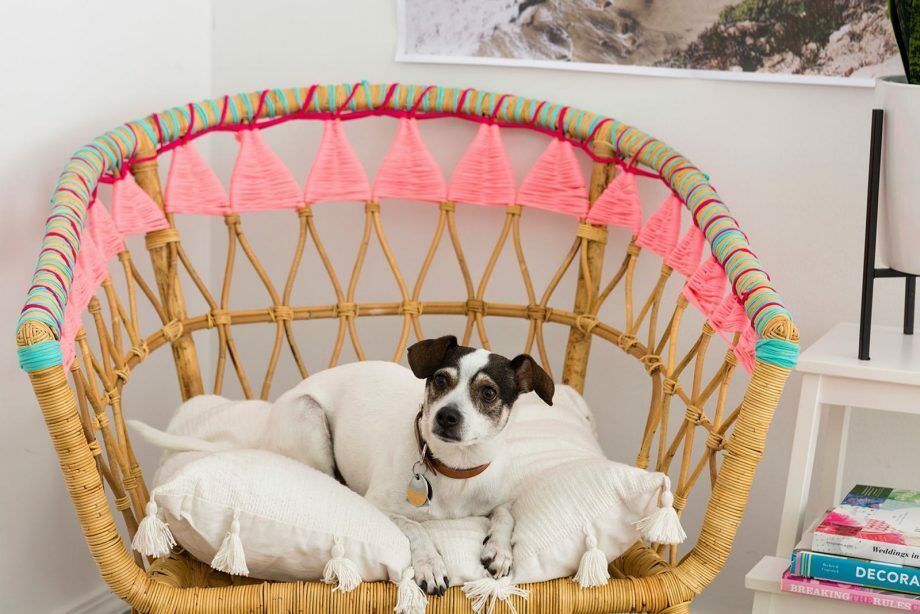 ikea hack rattan chair with pink embroidery