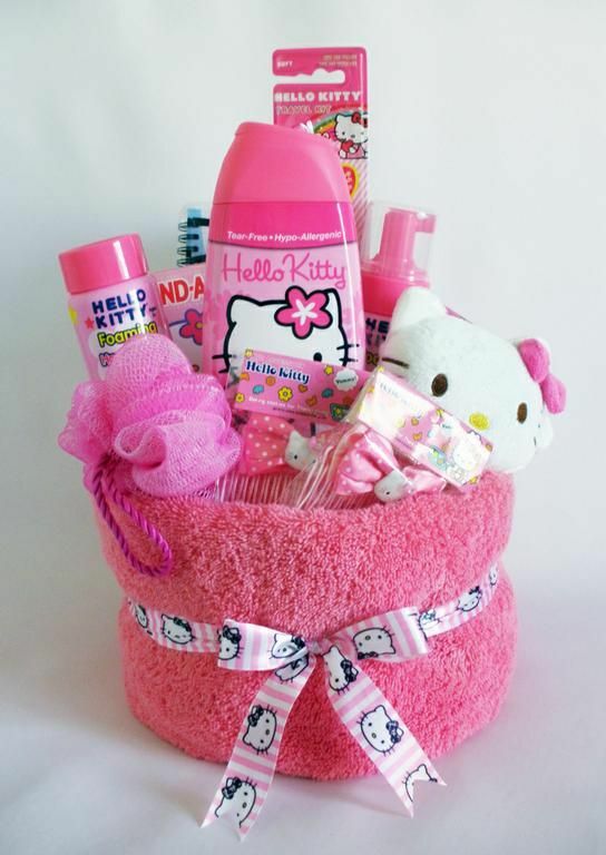 DIY Hello Kitty gift basket with Hello Kitty towel and bath accessories