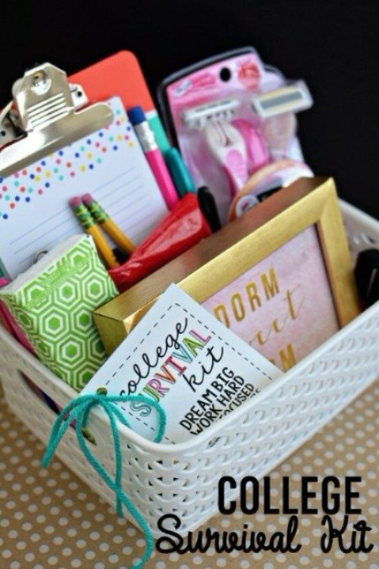 DIY gift basket with college related items.
