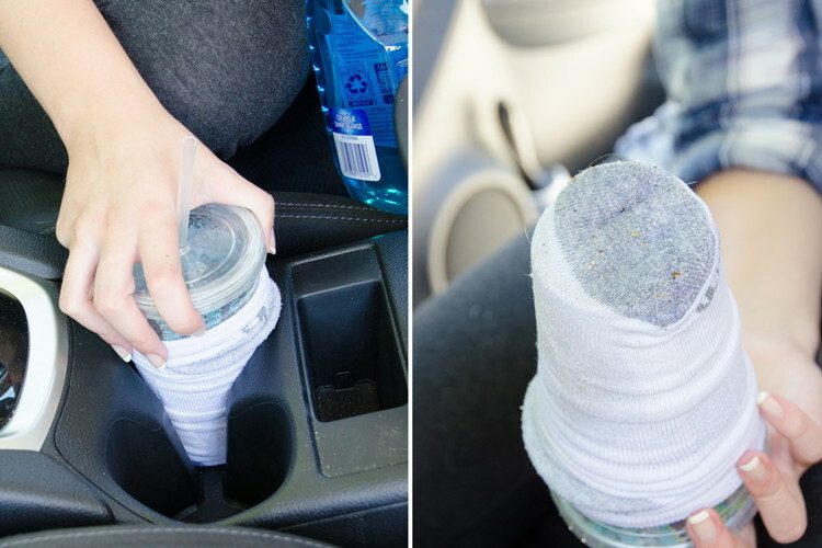 car cleaning hack using sock to clean cup holder