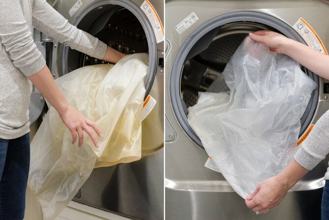 shower curtain in the washing machine